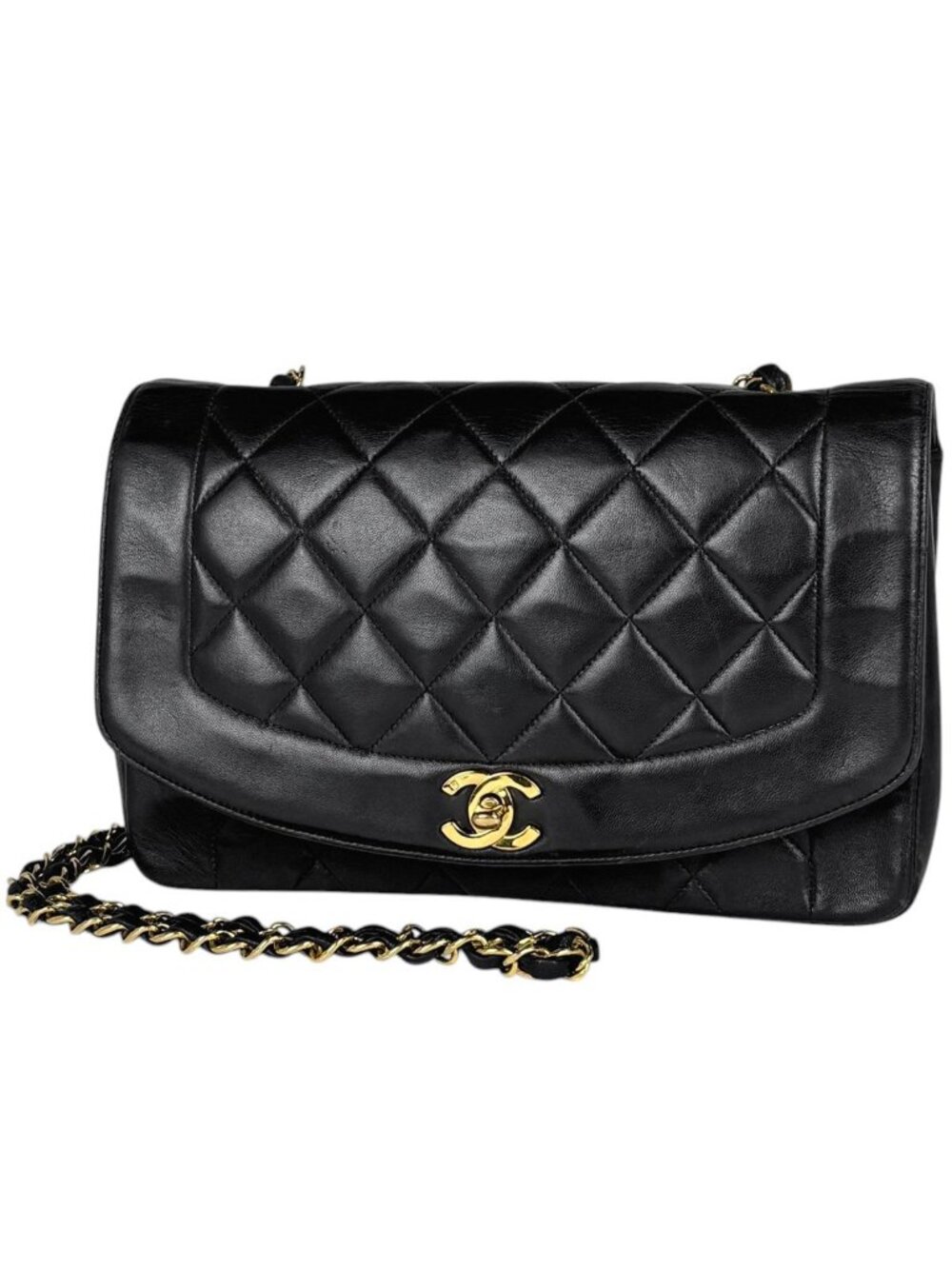 Chanel Shoulder Bag Diana Quilted Single Flap CC Logo Leather Black